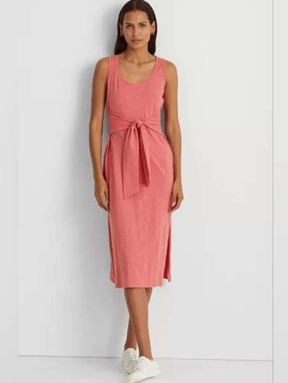 Ralph Lauren Coral Sleeveless Midi Dress Size 8 Tie Waist Side Slit Casual - Picture 2 of 7
